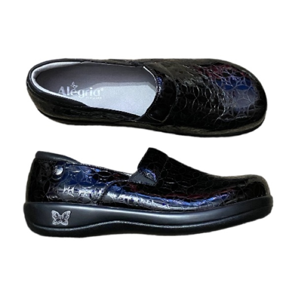 Alegria Women Keli Leather Flutter Black Slip
On Clogs Shoes Floral Tooled 43